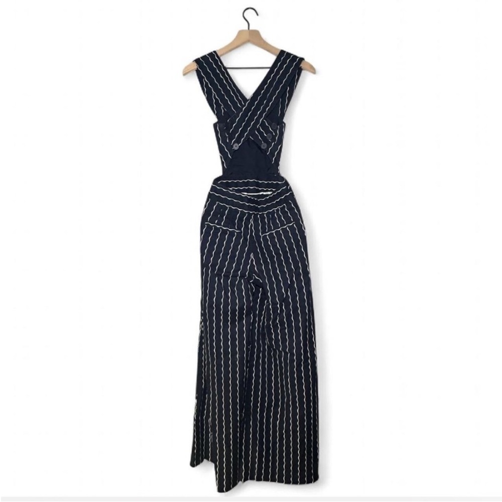 Maeve Anthropologie Derby Day Nautical Pinafore Navy Stripe Wide Leg Jumpsuit 14 - Picture 9 of 14
